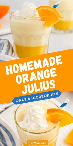 an orange juice is garnished with whipped cream