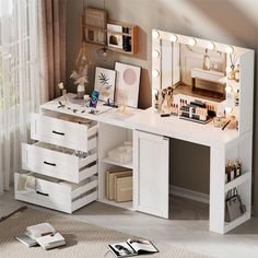 a white vanity with lights and drawers in a room next to a window on the floor