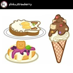 three different types of ice cream and desserts are shown in this cartoon character's screenshot