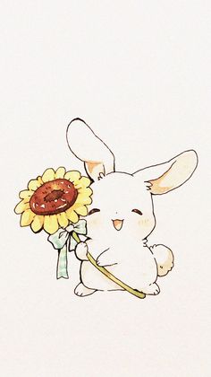 a drawing of a bunny holding a sunflower and donut on it's back