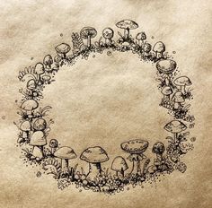 a drawing of mushrooms in the middle of a circle