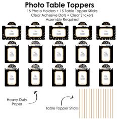 the table toppers are labeled in black and white, with gold trimmings