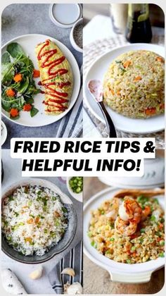 four different pictures with the words fried rice tips and helpful info