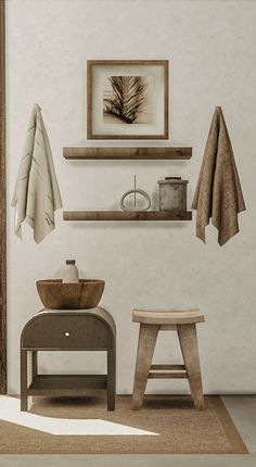 a bathroom with a bench, towel rack and other items