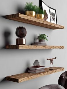 two wooden shelves with plants and pictures on them