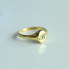 14k Gold Initial Signet Ringcustom Initial Ringpersonalized | Etsy Gold Engraved Round Ring For Birthday, Hallmarked Initial Ring As Gift, Handmade Gold Ring For Birthday, Vintage Ring For Birthday, Handmade Engraved Ring As A Gift, Handmade Engraved Ring For Gift, Handmade Engraved Gift Ring, Adjustable Oval Initial Ring For Gift, Vintage Customizable Engraved Ring As Gift