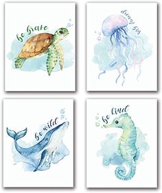 four watercolor paintings with sea animals and words