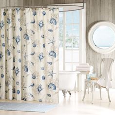 Coastal Motif Shower Curtain-Shower Curtain-Nautical Decor and Gifts Seashell Shower Curtain, Coastal Shower Curtain, Shower Curtain Blue, Nautical Bathroom, Long Shower Curtains, Home Essence, Beach Theme Bathroom, Beach Shower, Cotton Shower Curtain