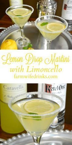 lemon drop martini with limooncello served in coupe glasses on a serving tray