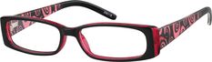 This full-rim medium size red plastic frame has a black laminated front over transparent red and a red and black abstract circular pattern on the temple arms. Spring hinges provide extra ease in putting on or removing the frame and they reduce the potential for breakage. | Zenni Women's Rectangle Prescription Glasses Red Plastic Frame Red And Black Abstract, Three Color Combinations, Rectangle Glasses, Zenni Optical, Round Face Shape, Circular Pattern, Light Blue Green, Red Frame, Black Abstract