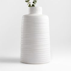 a white vase with a plant in it