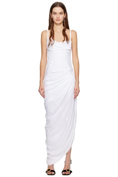 Jacquemus: White Les Classiques 'La robe Saudade longue' Maxi Dress | SSENSE Jacquemus White Dress, Summer Draped Maxi Dress With Fitted Bodice, Draped Maxi Dress With Fitted Bodice For Summer, Dress Draping, Expensive Stuff, Dinner Dresses, Twill Dress, Rehearsal Dinner Dresses, Rehearsal Dinner