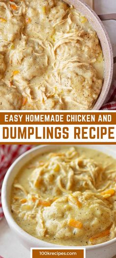 two pictures showing different types of chicken and dumplings in a white bowl with text overlay