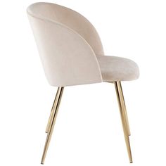 a white chair with gold legs and a beige upholstered seat, on a white background