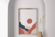 an abstract painting hangs on the wall next to a vase