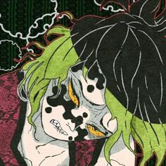 an image of two people with their faces covered in black and green hair, looking at each other