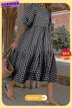 Fashion Casual Plaid Split Joint O Neck Princess Dresses Casual A-line Midi Dress For Picnic, Casual Plaid Midi Dress, Casual Plaid Knee-length Midi Dress, Casual Plaid Maxi Dress For Spring, Casual Plaid Maxi Dress For Summer, Casual Plaid Dresses For Vacation, Casual Plaid A-line Dress, Casual Plaid Midi Dress For Spring, Plaid Short Sleeve Dress For Vacation