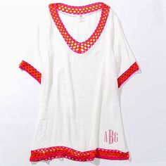 This monogrammed crochet cover up is our newest beach must have! With an adorable pink and orange crochet neck and trim details, this cover up is flattering on all body types. Complete your look with one of our monogrammed beach bags and a pair of monogrammed sandals. Made of Viscose GauzeOversized FitBody length of size S/M is 33 inchesNote: this item is heatpress Pink And Orange Crochet, Personalized Crochet, Orange Crochet, Crochet Cover, Marley Lilly, Crochet Cover Up, Heat Press Vinyl, Circle Monogram, Beach Bags