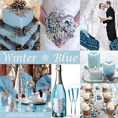 a collage of blue and silver wedding decorations