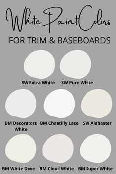 the white paint colors for trim and baseboards are shown in different shades, from dark to light gray