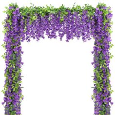 purple flowers are growing on the side of a green and white arch with leaves around it