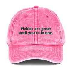 Love pickles? Looking for a gift for a pickle enthusiast? Our Pickles are great until you're in one hat is comfortable, has an adjustable closure and it's made just for you. It's an embroidered cotton dad hat with a funny food saying for pickle lovers. Make a statement and celebrate pickles in this funny dad hat. Looking for something personalized? Shoot us an email! • 100% cotton twill • 6-panel unstructured cap • 6 sewn eyelets • Black sweatband • Metal snap buckle with an antique brass finish Funny Adjustable Dad Hat With Curved Bill, Funny Adjustable Dad Hat Baseball Cap, Novelty Hats With Adjustable Curved Bill, Fun Adjustable Cotton Dad Hat, Funny Dad Baseball Cap, Funny One-size Dad Hat Baseball Cap, Novelty Dad Hat Adjustable Cap, Novelty Cotton Adjustable Baseball Cap, Novelty Cotton Baseball Cap One Size