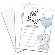 a baby shower card with an elephant holding a balloon