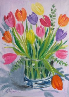 a painting of tulips in a glass vase