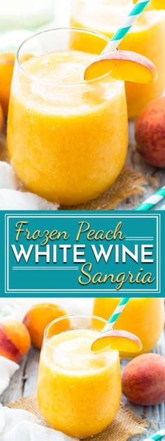 two glasses filled with frozen peach white wine sangria