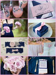 a collage of photos with pink and blue wedding colors, including the bride's dress