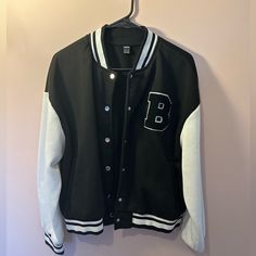 Never Used| Near The Hips Black Varsity Jacket, Shein Jackets, Varsity Jackets, Selfie Ideas, Letter B, Cute Selfie Ideas, Leather Men, Varsity Jacket, Mens Jackets