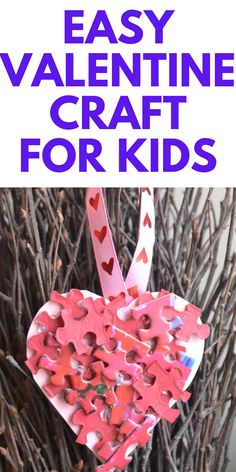 valentine's day craft for kids made out of paper hearts on branches with text overlay