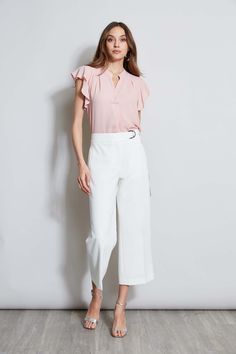 Springs "IT" pant is a chic update to the relaxed wide leg pant. We're obsessed with its cropped length, higher waist silhouette with graphic D-ring belt. Wear it with a knit or layered with a blazer, it will become a favorite in your wardrobe. Crepe Wide Leg Cropped Pant with D-Ring Belt Detail Runs true to Size Model is 5'9" and wearing size 2 Dry Clean Only Imported Style #: THF44003 Chic White Wide Leg Pants For Business Casual, Chic Belted Wide Leg Pants For Summer, White Wide Leg Pants For Business Casual In Spring, Chic Summer Wide Leg Business Casual Pants, Summer Wide Leg Pants For Office With Belt Loops, Chic Wide Leg Pants With Belt Loops For Spring, Chic White Wide Leg Pants For Office, Spring White Wide Leg Office Pants, White Wide Leg Pants For Spring Office Wear