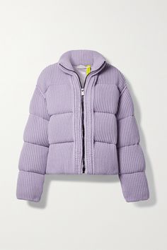 Moncler Genius' jacket is made from sumptuous ribbed-knit that's blended with a hint of wool for softness and warmth. It comes in a pretty lilac hue and has a quilted finish to evenly distribute the insulating down. Ski Jacket Outfit, Moncler Sweater, Mountain Trip, Cashmere Sweater Men, Moncler Genius, Weather Outfits, Moncler Women, Purple Jacket, Black Down