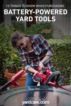 a woman uses a battery powered yard tool to cut through the top of a table