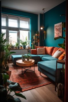 a living room filled with furniture and plants