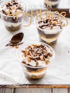 two desserts in plastic cups with spoons on the side and title overlay that reads better than appetizing cake trifleies