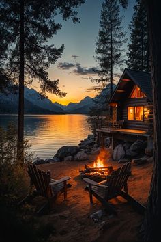 Twilight Magic Cabin By Lake, Cabin Sunset, Cabin Porches, Dragonfly Quotes, Cool Scenery, Fishing Cabin, Camping Inspiration, Cabin Inspiration