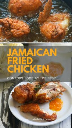 jamaican fried chicken in a skillet with text overlay