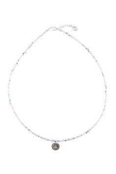 Elevate you style with the Aura Rainbow Moonstone Silver Necklace. This exquisite piece features stunning natural stones delicately embraced by a silver charm. The perfect blend of elegance and sophistication, this necklace is a must-have for any fashion-forward individual. White Sterling Silver Pendant Crystal Necklace, White Sterling Silver Spiritual Charm Necklaces, White Sterling Silver Crystal Pendant Necklace, Elegant Crystal Pendant Necklace With Moon Charm, White Sterling Silver Necklace With Moon Charm, Spiritual White Sterling Silver Charm Necklace, Dainty Silver Necklace With Gemstone Beads, Dainty Silver Necklace With Natural Stones, Elegant White Faceted Necklaces