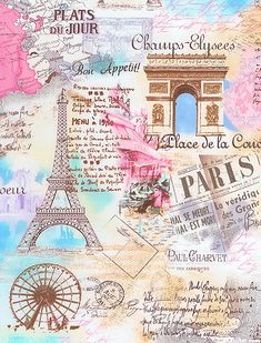 the eiffel tower is surrounded by many different types of paris related items and words