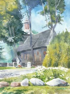 a watercolor painting of a church with trees and rocks in the foreground on a sunny day