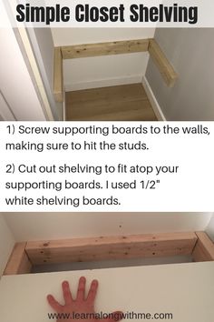 the instructions for how to build a simple closet shelving system with step steps and handrails