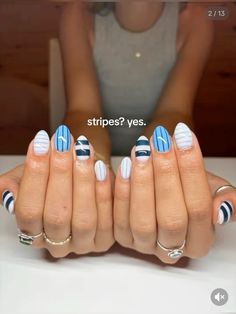 Blue Stripe Nails, Funky Summer Nails, Teen Nails, Cover Nails, Trend Nails, Fourth Of July Nails, Nails Cute, Simple Gel Nails, Summery Nails