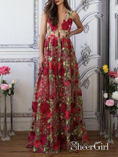 Elegant Formal Dresses, Prom Dress Elegant, Boho Prom Dress, Boho Prom, Dress Elegant Long, Prom Dresses Elegant, Long Evening Dresses, Floral Prom Dresses, V Neck Prom Dresses