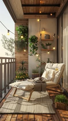 the balcony is decorated with plants and lights