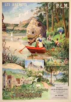 an old french travel poster with people in a boat