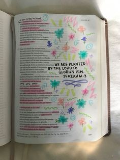 an open bible with colorful flowers and the words we are planted by the lord