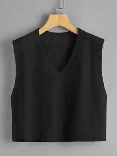 Black Casual   Acrylic Plain  Embellished Slight Stretch Spring/Fall Women Knitwear Crop Sweater Vest H&m, Black Gilet Fit, Cheap Solid Color Ribbed Vest, Cheap Fitted Black Sweater Vest, Affordable Black Tank Sweater Vest, Cheap Black Tank Sweater Vest, Cheap Ribbed Sleeveless Sweater Vest, Cheap Sleeveless Sweater Vest, Cheap Black Sweater