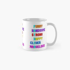 a coffee mug with the words funny and random on it's side, in different colors